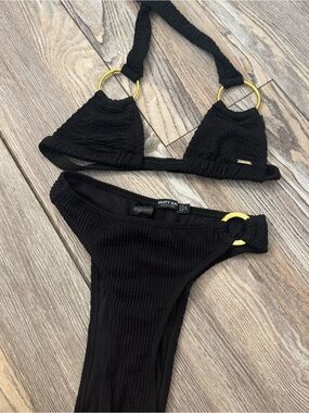 Nasty Gal Black Ribbed Bikini with Gold Ring Detail